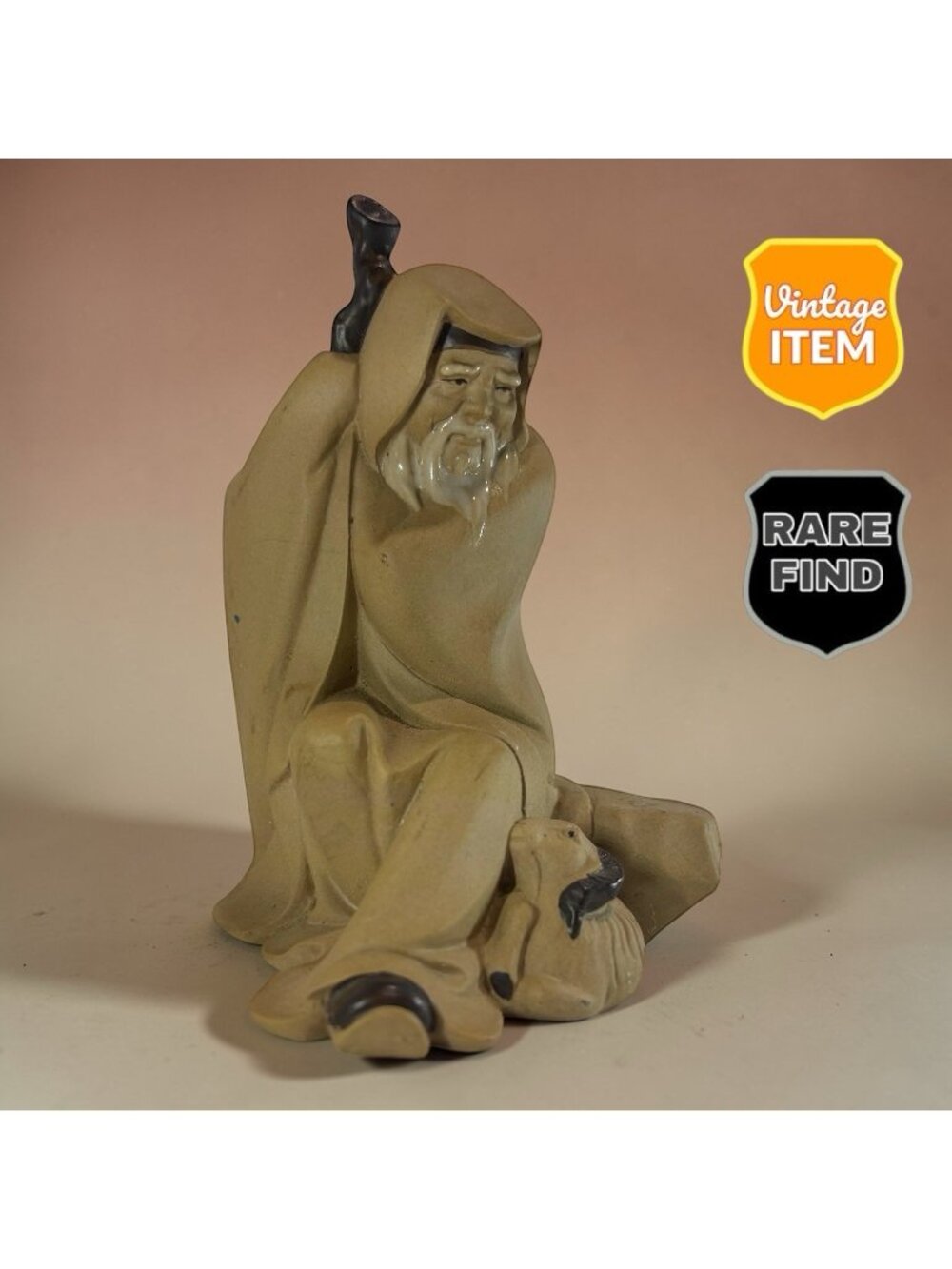 Vintage Chinese Clay Mud Man with Staff & Baby Lamb Figurine.